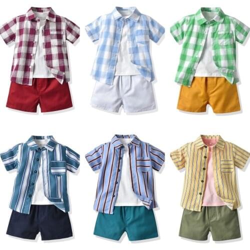 Baby Summer Clothing Sets Fashion Gentleman Kids Boys clothes Children Boys Casual Plaid Shirt+White Tshirt+Shorts 3Pcs Clothes