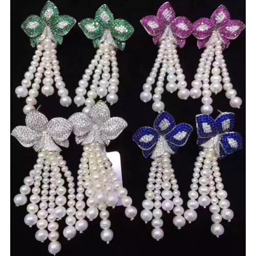Long tassels earring natural fresh water pearl drop earring 925 sterling silver with cubic zircon flower free shipping