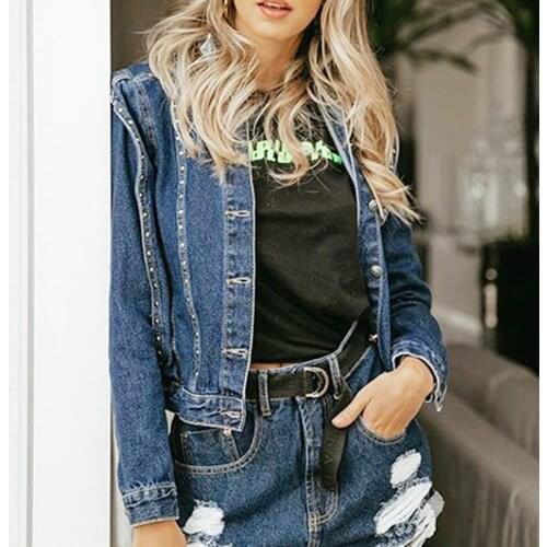 High Quality Jeans Jacket Hand Studded Rivet Denim Jacket Women Loose Short Jackets Ladies Basic Coats Streetwear Long Sleeves