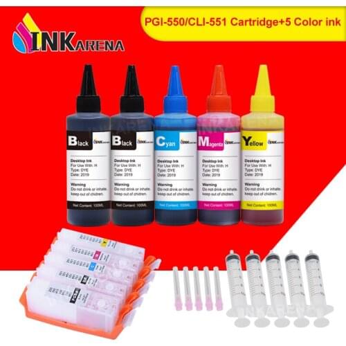 INKARENA 5×100ml Dye Ink + PGI-550 CLI-551 Refillable Ink For Canon PIXMA MG7150 MG7550 Ip7250 MX925 MX725 IX6850 IP8750 Printer
