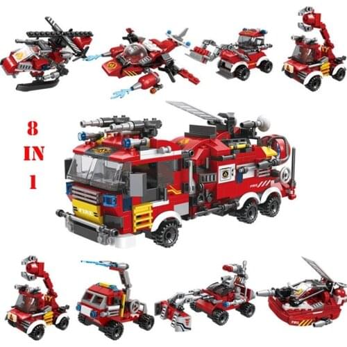 8 In 1 City Firefighting Sation Fireman Figures Technical Fire Truck Building Blocks Construction Bricks Toys For Kids Gift