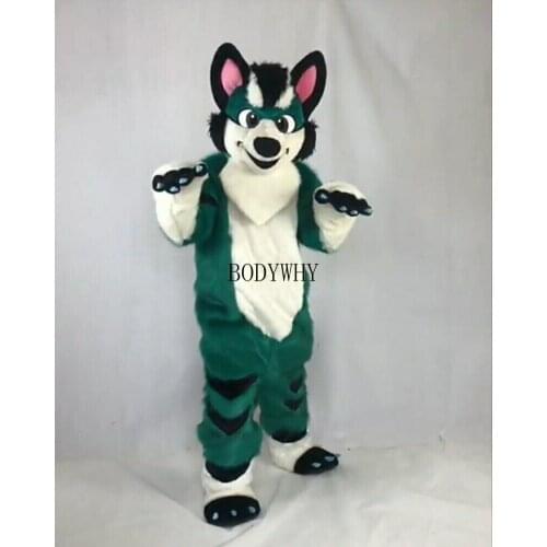 Cute Dark Green Husky Fox Dog Mascot Mascot Costume Suits Cosplay Party Dress Outfits Carnival Fursuit Birthday Gift