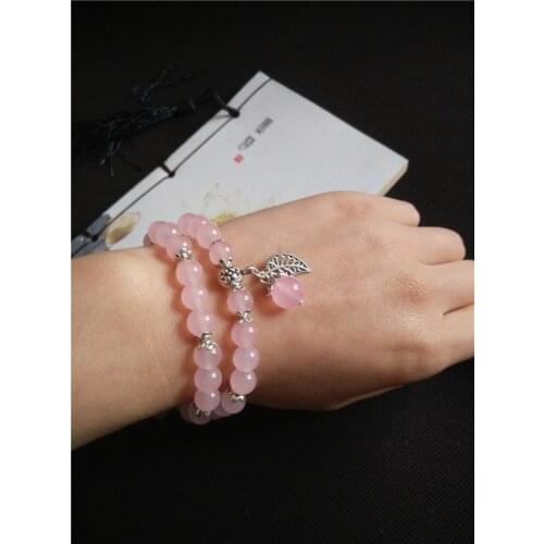 Pretty Blue Crystal Bracelets Round pink blue Beads Lucky Tibetan Silver Leaf Pendant for Lovers Crystal Bracelet Multilayer