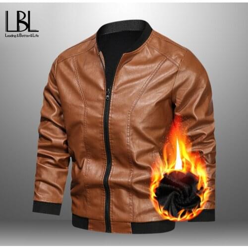 Mens Fleece Leather Jacket Motorcycle Male Fashion Zipper Jackets Solid Color Vintage Outwear Man PU Leather Coats Autumn Winter