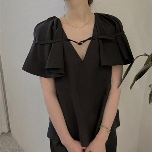 Summer Solid Color Loose V-Neck Butterfly Sleeve T-Shirt Female High Street Casual New Top Ladies Elegant French Slim Tee ML108