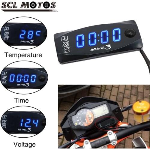 SCL MOTOS Motorcycle Multi-Function 3 in 1 Mini LED Display Digital Thermometer Air Temperature + Time + Voltmeter Gauge Racing