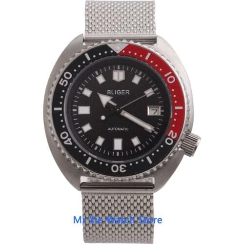 Bliger 45mm Black Dial Mens Automatic Watch Silver Case Sapphire Crystal Luminous NH35 Movement Mechanical Watch