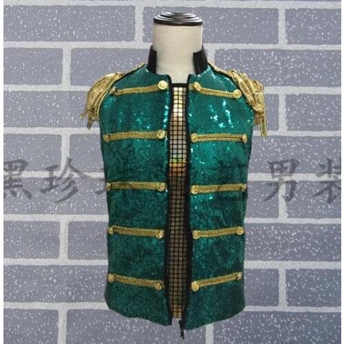 Personality Fashion Sequins Vests Mens Colete Masculino Men Vest Clothing Singer Stage Street Stand Collar Blue Rock Tasse