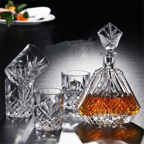 5 Pcs/Set Crafted Glass Decanter Whisky Glasses Set with Ornate Stopper and 4 Exquisite Cocktail Glasses Cup for Bar Home Party