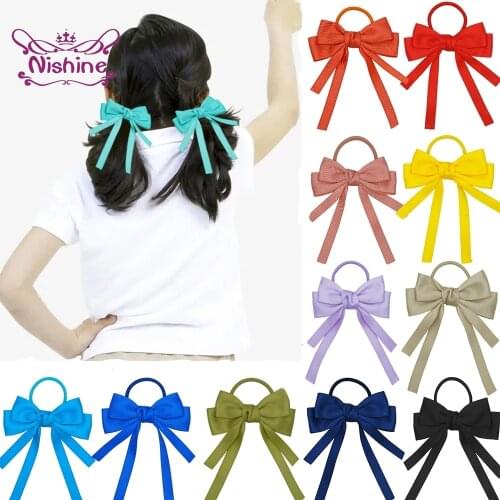 Nishine 5pcs/lot Double Layer Solid Color Bowknot Infant Hair Rope Fashion Ribbon Bows Elastic Hairband Baby Headwear Photo Prop