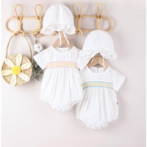2021 New 2pcs Baby Girl Clothes Summer Sunsuit Short Sleeve Princess Romper +Sun Hat Set Toddler Infant Outfits Jumpsuit Clothes