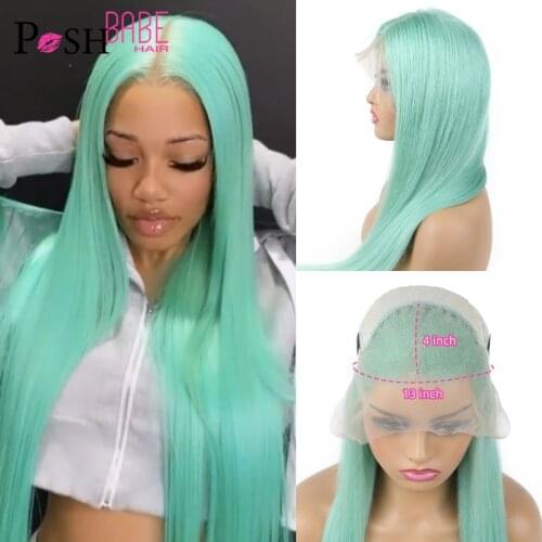 14 - 32 Inch Mint Green Lace Front Human Hair Wig Long Straight Lace Frontal Wig Pre Plucked Remy Peruvian Hair Wigs For Women