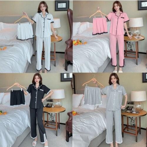 Sleepwear Womens Cotton Pajamas Womens 3-Piece Short-Sleeved Shorts Sleepwear Trousers Casual Korean Lace Suits With Shorts