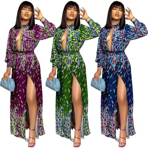 Cutubly Party Clubwear Maxi Dress Printing Hollow Out Casual Womens Dresses Split Sexy Long Sleeve Elegant Female Clothing