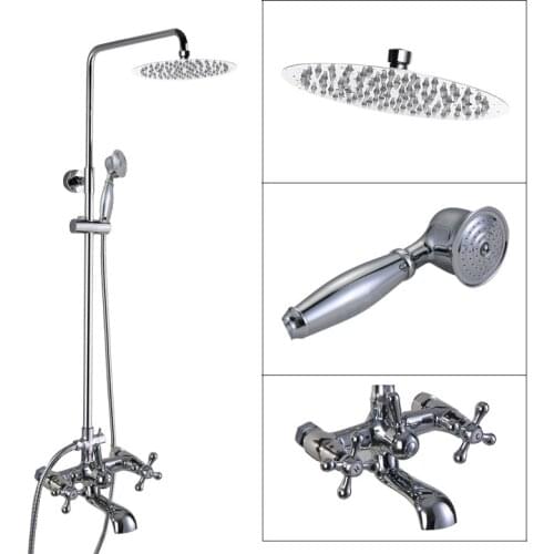 Polished Chrome Brass Bathroom Wall Mounted Round Rain Shower Faucet Set with Hand Spray Two Cross Handles Tub Mixer Tap acy325