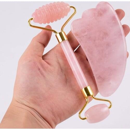 Face Massager Roller Natural Rose Quartz Gua Sha Tool Health Skin Acupuncture Massager Neck Slimming Anti Wrinkle Cellulite