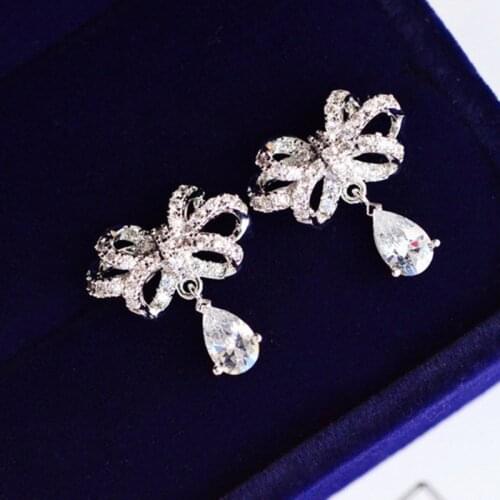 Romantic Bowknot Wedding Stud Earrings Shiny Micro Crystal Waterdrop Pendant Engagement Elegant Bridal Piercing Earring Jewelry
