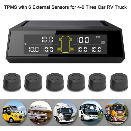 Car Tire Pressure Alarm Monitor System W/ 6 External Sensors Wireless Solar Power Digital LCD Display For Car Security Alarm Sys