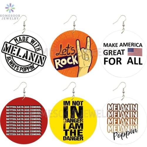 SOMESOOR Melanin Always Poppin African Wooden Drop Earrings Lets Rock Arts Writings Printed Loops Dangle Jewelry For Women Gift