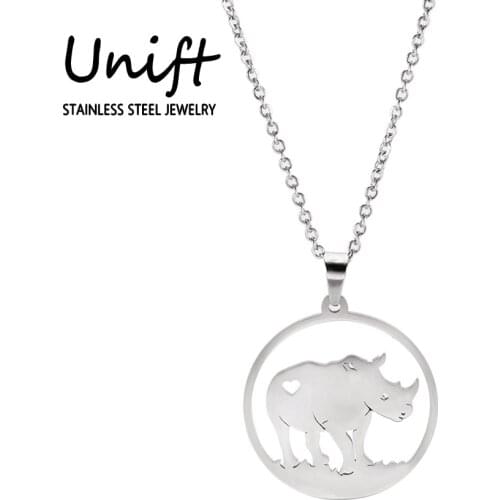 Unift Vintage Rhinoceros Animal Series Women Natural Necklace Pendant Charm Stainless Steel Neck Jewelry Anniversary Lovers Gift