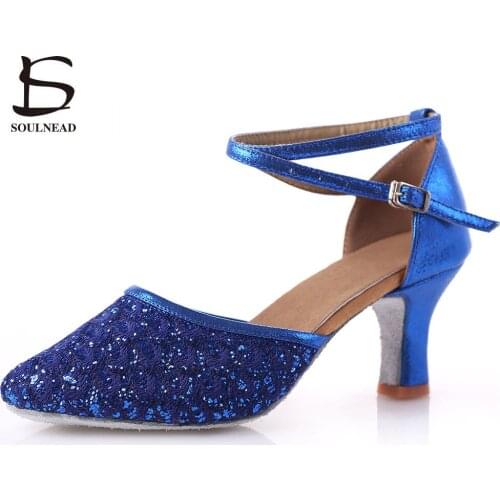 Adult Ladies Women Latin/Salsa/Tango Dance Shoes Closed Toe Glitter Blue/Black Ballroom Dance Shoes High Heels 5/7cm Party Shoes