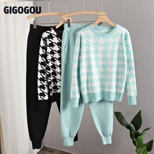 GIGOGOU Houndstooth Knit Womens Tracksuits Korean Fashion O Neck Woman Pullovers + Harem Pants Two Piece Sets Y2K Winter Outfits