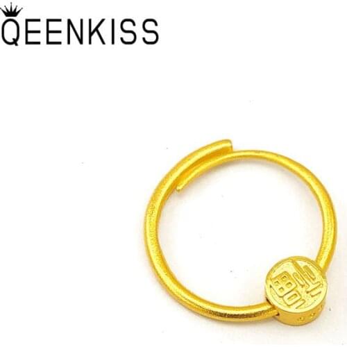 QEENKISS RG516 Fine Hot Fashion Jewelry Wholesale Fashion Woman Girl Birthday Wedding Gift Round FU 24KT Gold Resizable Ring