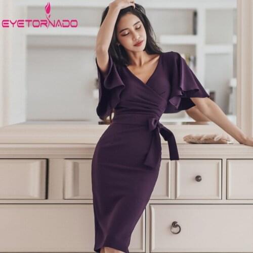 Fashion Summer Dress Women Butterfly Sleeve Sexy Belted Bodycon Party Deep V Neck Work Office Pencil Dress Vestidos