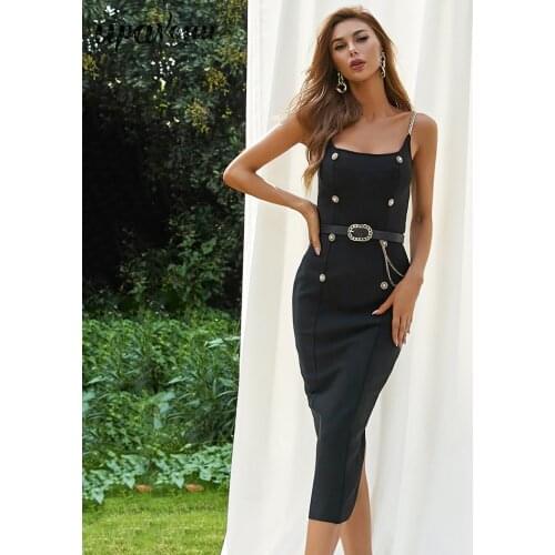 Free Shipping Sexy Chain Sling Sleeveless Midi Bandage Dress 2021 New Womens Double Breasted Bodycon Belt Club Party Vestidos