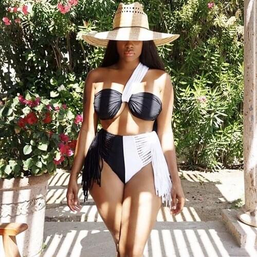 Womens Sexy Contrast Color Bikini Sleeveless Off-shoulder Tops Briefs Swimsuit Classic Tassel Decoration Two-pieces Set