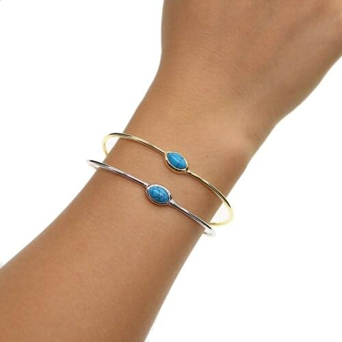 2021 Fashion Retro Blue Oval Semi-precious Cz Adjustable Big/small Open Charm Gold Silver Color Cuff Bangles Women Jewelry Gift