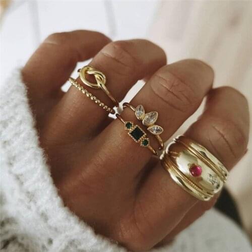 5 Pcs/Set Fashion Trendy Personality Gold Knotted Water Drop Geometric Gem Ring Set Women Charm Party Jewelry Accessories
