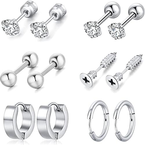 6 Pairs of Round Zircon Stud Earrings Cool Stainless Steel Hoop Earrings Hypoallergenic Earring Set For Men and Women