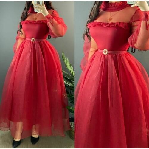 Arabic High Neck Long Sleeve Tulle Evening Dresses with Pockets Ankle Length Green Abendkleider Robes de Soirée for Women