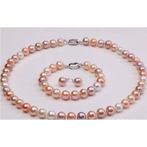Free shipping 9mm AAA White Pink Lavender Freshwater Pearl Necklace Bracelet Earrring Sets New