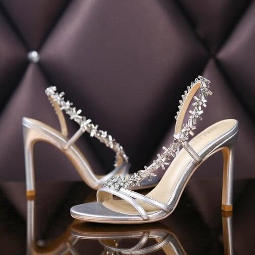 Summer 2021 new fashion all-match crystal stiletto banquet dress sandals female size rhinestone flower wedding shoes