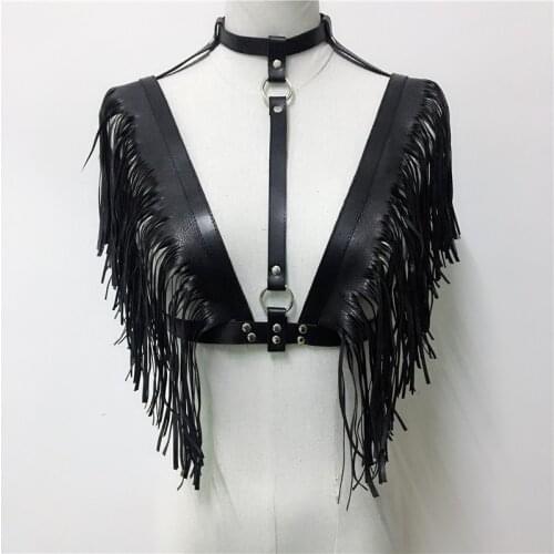 Black Pu Leather Body Harness Adjustable Choker Collar Tassel Metal Rivet Lingerie Garters Dance Show Sexy Body Suspenders Belt