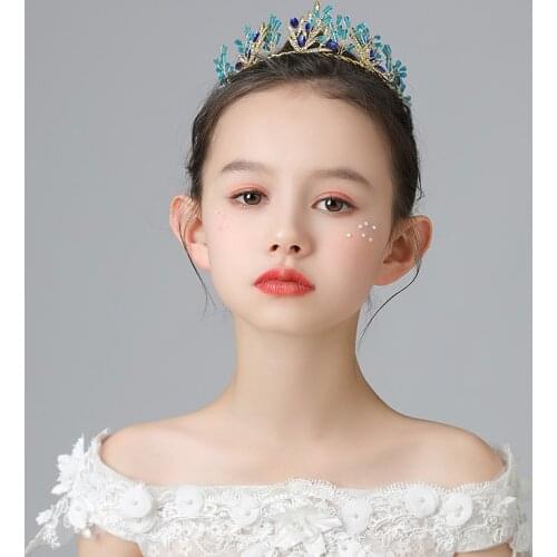 Luxury Blue Crystal Handmade Tiaras And Crowns For Girls Children Gold Princess Queen Diadems Wedding Bridal Hair Accessories
