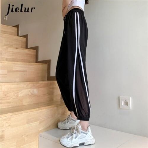 Jielur Fashion Side Stripe Womens Pants Patchwork Mesh Harajuku Harem Pants Street Female M-2XL Black White Sweatpants Trousers