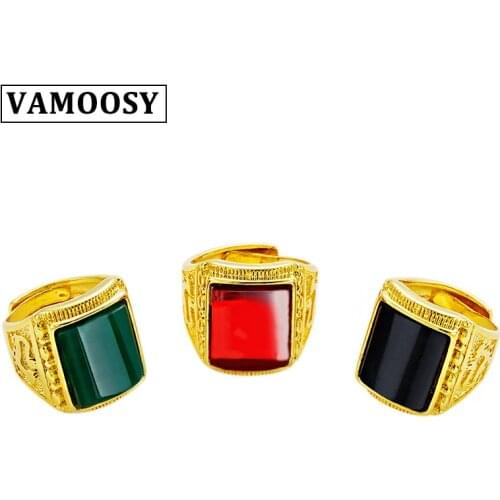 VAMOOSY Wholesale Dubai Fashion ring for women men green black Tourmaline shiny gold Color open Ring Romantic Love Jewelry Gift