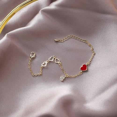 Minar Sweet Red Enamel Love Heart Charm Bracelet for Women Gold Color Metal Link Chain Asymmetric Bracelets Korean Accessories