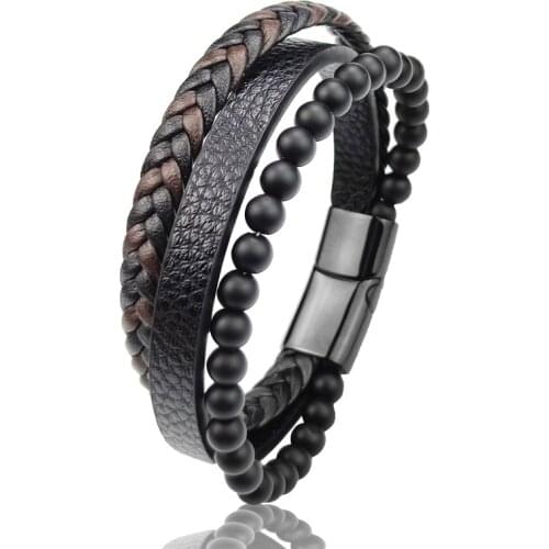Fashion Charm Stainless Steel Magnetic Buckle Wristband Bracelet Men Natural Stone Beaded Bracelet Multilayer Leather Jewelry