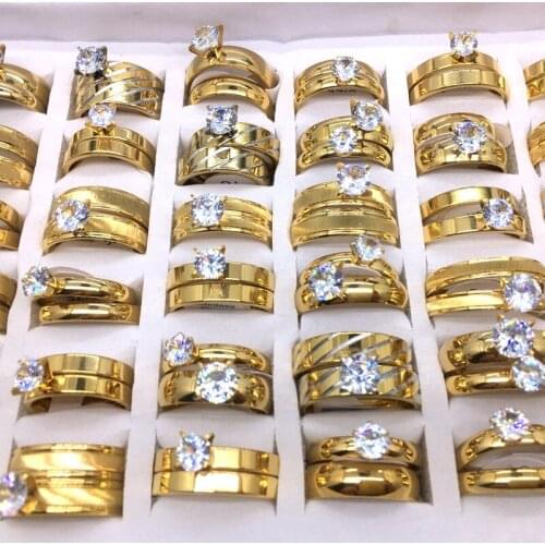 Wholesale 36 Pairs (72pcs) 2 IN 1 Mens Womens Couple Rings Gold Plated Top Stainless Steel Wedding Jewelry Bands Party Gifts