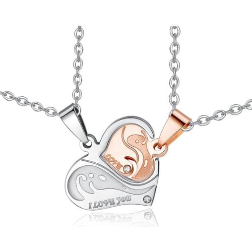 Heart shaped puzzle couple pendant necklace stainless steel setting cubic zirconia link chain steel color necklace for lovers