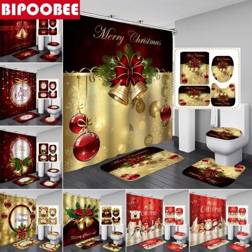Merry Christmas Bathroom Curtains Golden Bell Shower Curtain Santa Snowman Print Bath Mat Pedestal Rugs Xmas Toilet Lid Cover