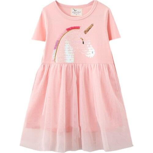 Unicorn Print Girls Short Sleeve Lace Cotton Princess Party Dress Kids Tutu Costume Summer New Style Children