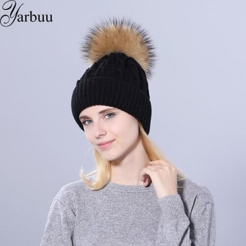 [YARBUU]mink fur ball cap pom poms winter hat for women girl 's hats knitted beanies cap GirlS Wool Hat Cotton Skullies Female