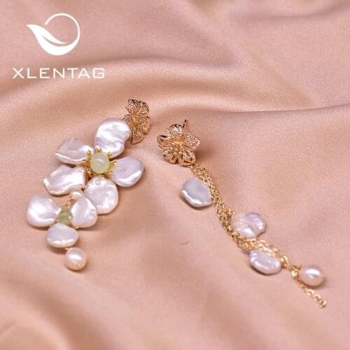 Xlentag Natural Fresh Water Pearl Asymmetric Drop Earrings For Women Flower Long Tassel Dangle Earrings Fine Jewelry GE0915