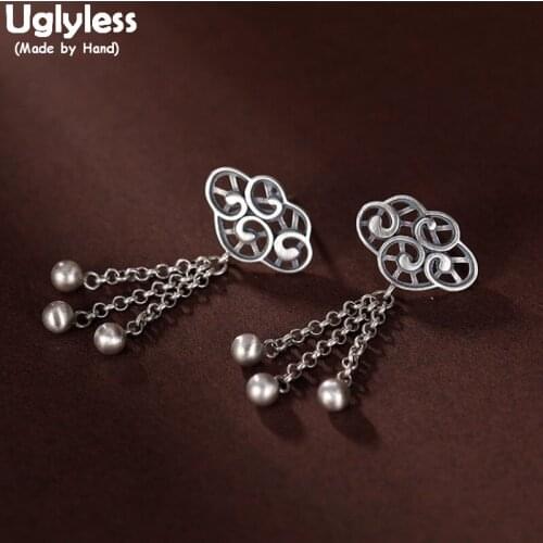 Uglyless Ethnic Hollow Lucky Clouds Earrings Women Thai Silver 925 Silver Chains Tassels Earrings Vintage Women Brincos Bijoux