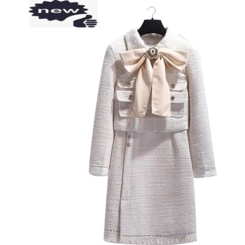 Winter Ladies Small Fragrance Fringed Big Bow Coat + High Waist Package Hip Skirt Woolen Suits Female Side Zipper Tassel Sets